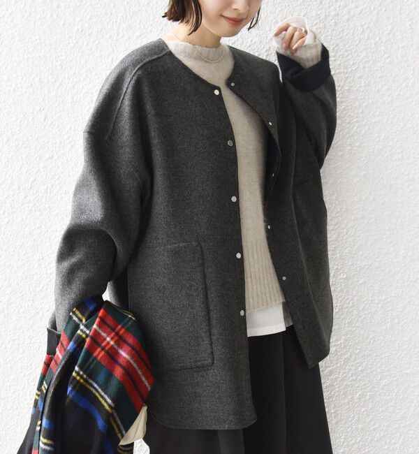 SHIPS for women「セミ 梳毛 配色 リバー ノーカラー コート」|ノーカラーコート|グレー