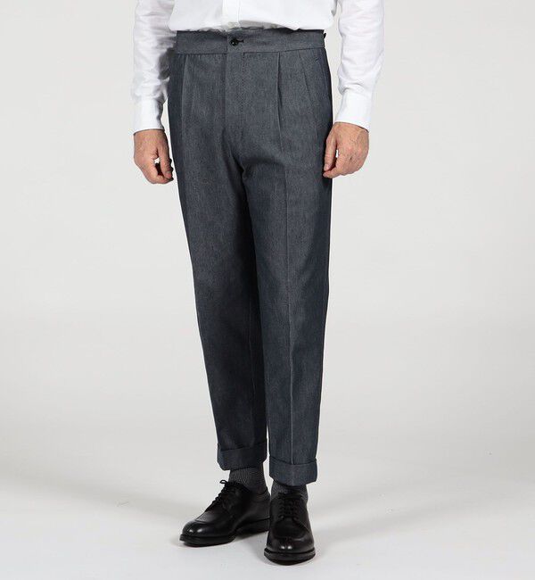 TOMORROWLAND MENS「コットンカシミヤ バックベルト ペグトップスラックス SONDRIO」|スラックス|