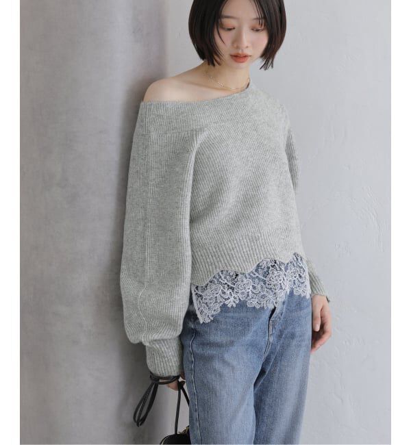  「【洗える】オフネックレースニット」|ニット・セーター|