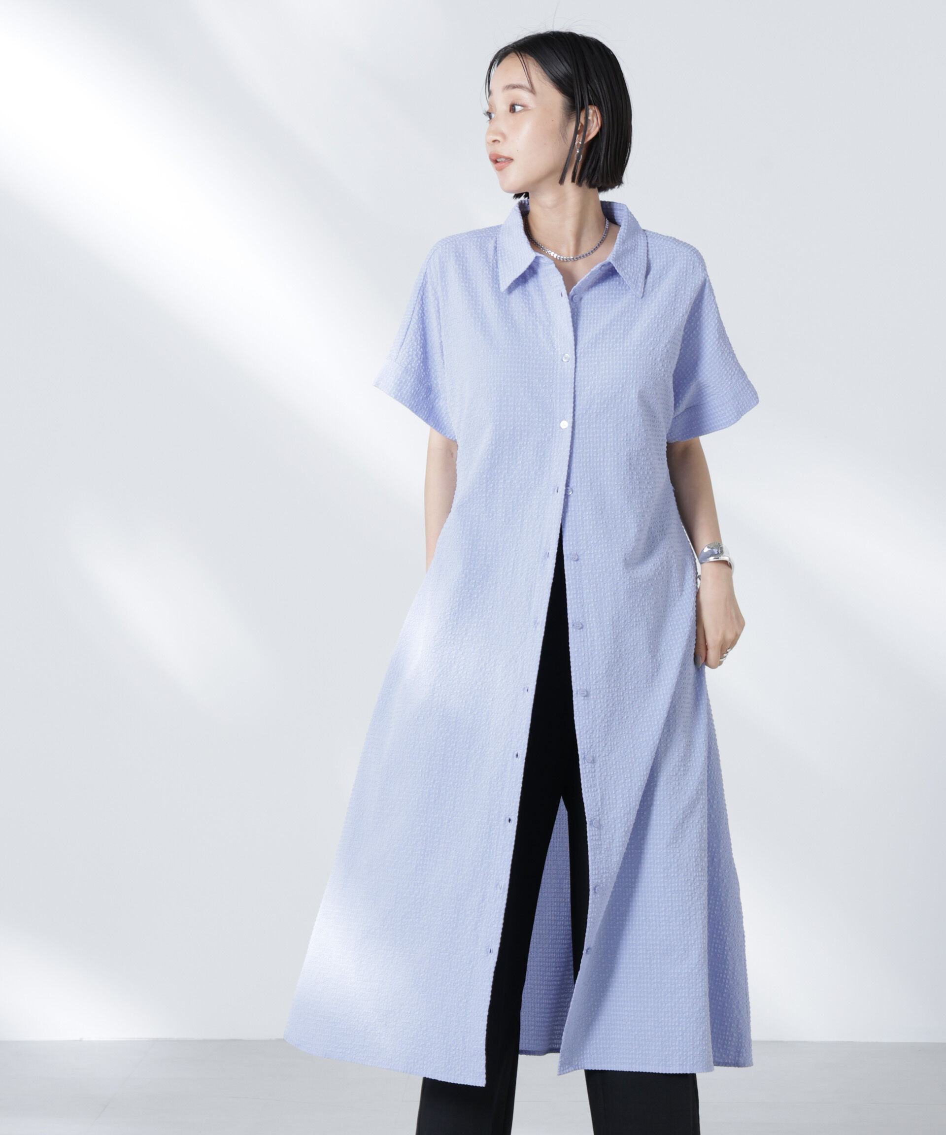 nano･universe「サッカードルマンスリーブシャツワンピース」|ワンピース|ブルー