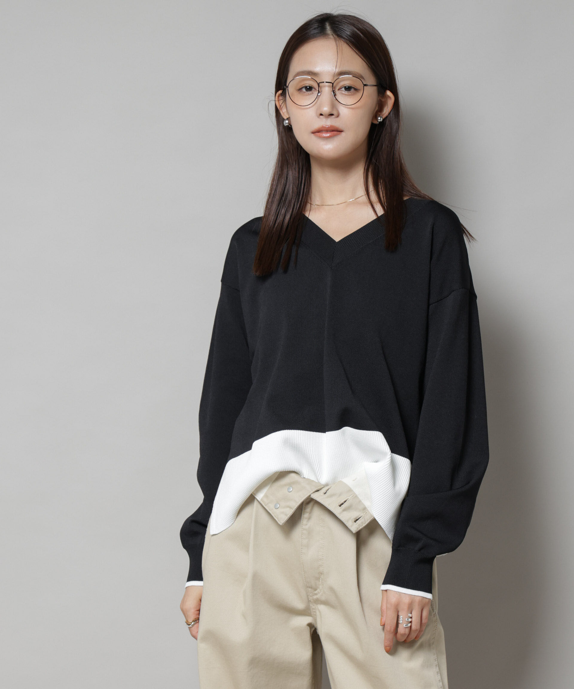 nano･universe「洗濯機洗可前後2way配色ニット」|ニット・セーター|ブラック