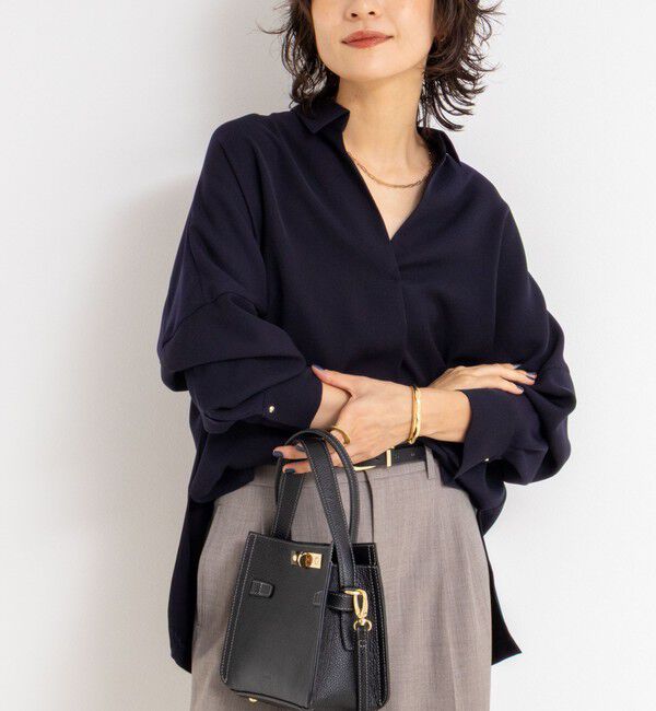 NOLLEY'S sophi「《morisachiシリーズとセットアップ対応》ウォッシャブルダブルサテンスキッパーブラウス」|シャツ・ブラウス|ネイビー