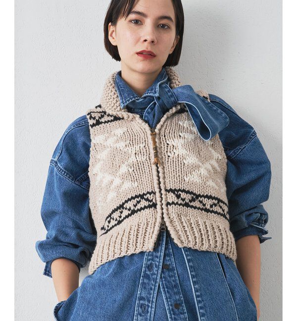  「【BSBEE】カウチンZIP ベスト」|ニット・セーター|ライトベージュ