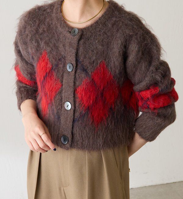  「	アーガイルシャギーカーディガン」|ニット・セーター|レッド