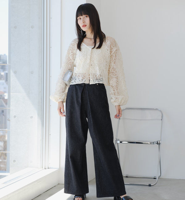  「【3サイズ】デニムタックワイドパンツ」|デニム|