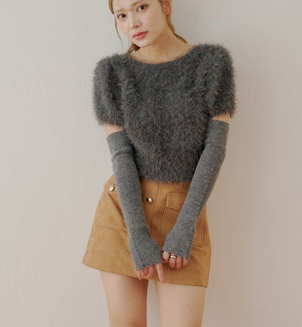  「リブアームウォーマー付シャギー半袖ニット」|ニット・セーター|