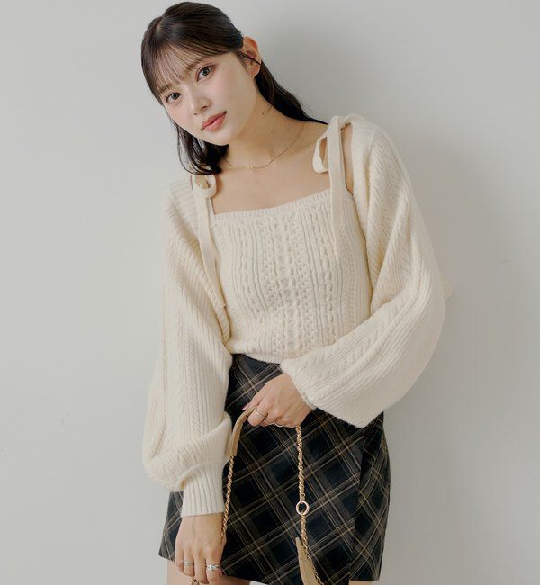  「ケーブルリボンキャミ+ボレロセット」|ニット・セーター|