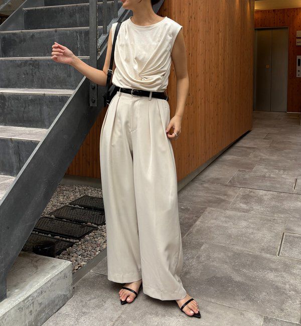  「【高見え素材/ウエスト周りカバー】ツイストドレープTシャツ」|Tシャツ・カットソー|