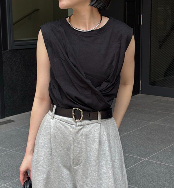  「【高見え素材/ウエスト周りカバー】ツイストドレープTシャツ」|Tシャツ・カットソー|ブラック