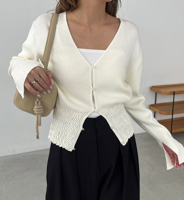  「【スタイルアップ効果◎】裾シャーリングリブカーディガン」|カーディガン|オフホワイト