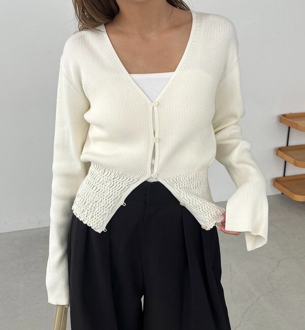  「【スタイルアップ効果◎】裾シャーリングリブカーディガン」|カーディガン|