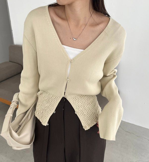  「【スタイルアップ効果◎】裾シャーリングリブカーディガン」|カーディガン|ベージュ