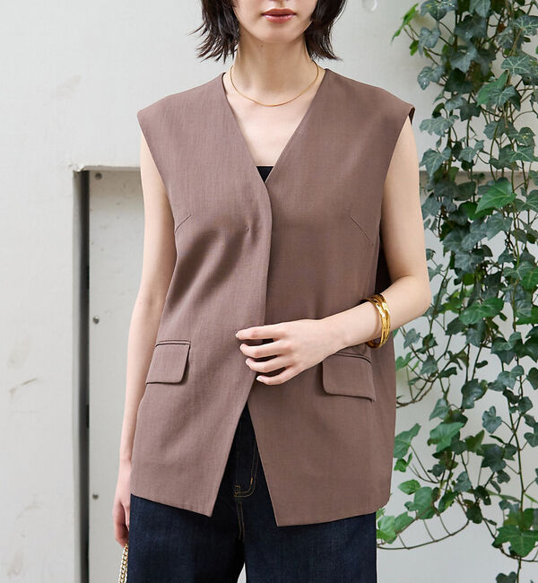 Rouge vif「リネン混サマーノーカラージレベスト」|シャツ・ブラウス|ブラウン