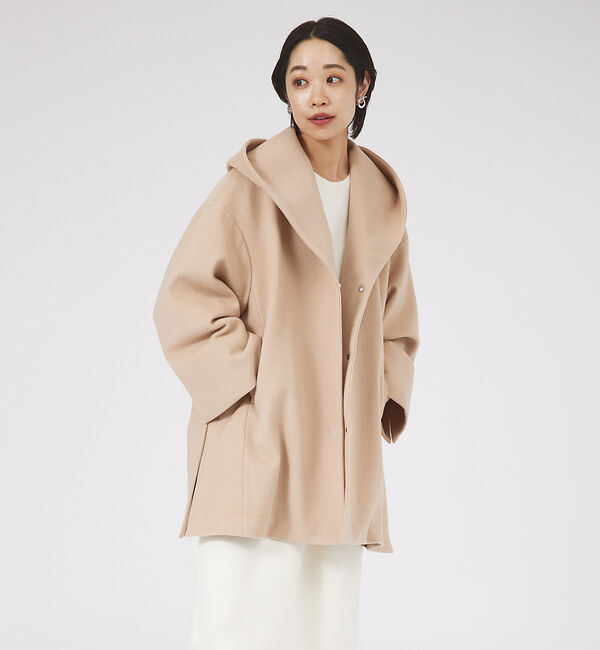 qualite「フーディーコート」|ノーカラーコート|ベージュ