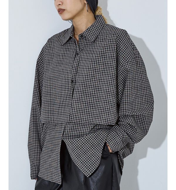 NOMINE「【ユニセックス】ロングヨーク オーバーサイズ チェックシャツ」|シャツ・ブラウス|ブラック
