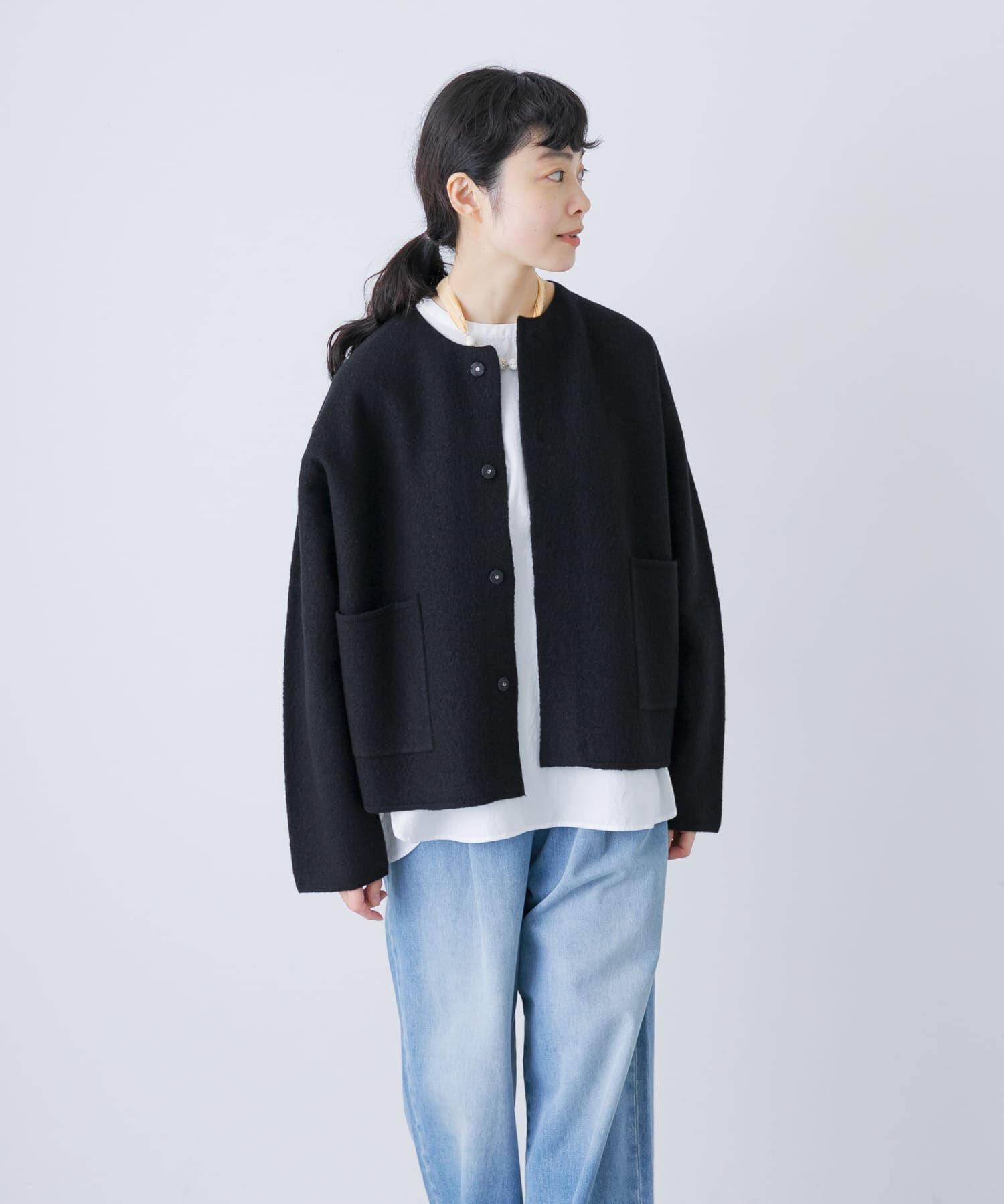 かぐれ「圧縮ウールショートジャケット」|ノーカラージャケット|