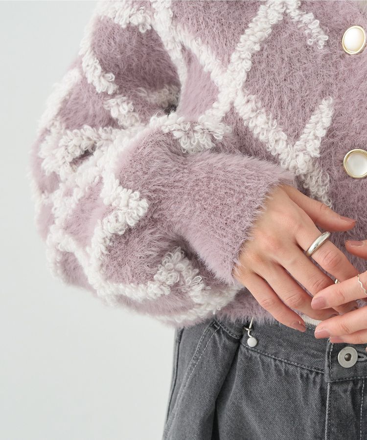 earth music&ecology「シャギーダイヤ柄ショートニットカーディガン」|カーディガン|