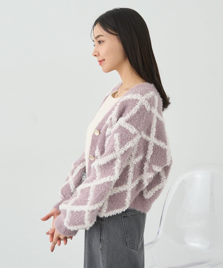 earth music&ecology「シャギーダイヤ柄ショートニットカーディガン」|カーディガン|