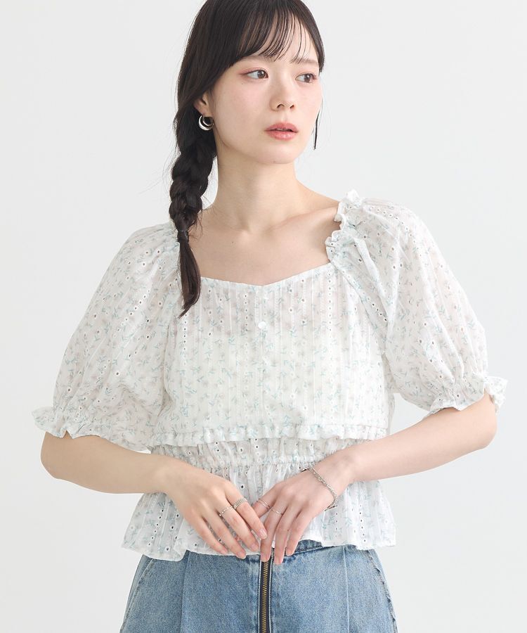 earth music&ecology「フラワー刺繍フリルヘムブラウス」|シャツ・ブラウス|Off White