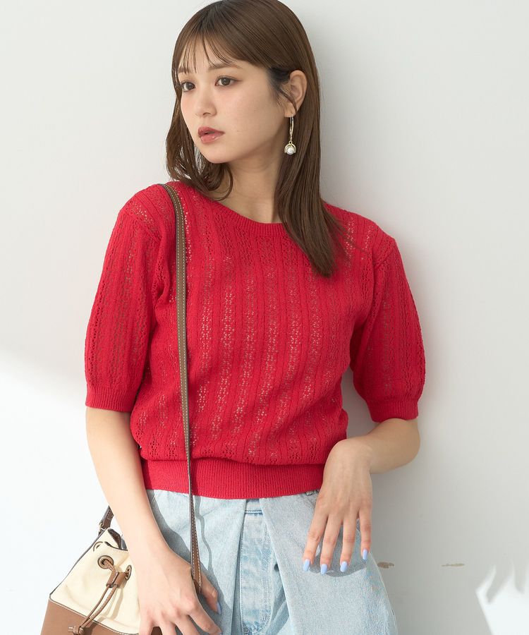 earth music&ecology「透かしニットプルオーバー」|ニット・セーター|Red