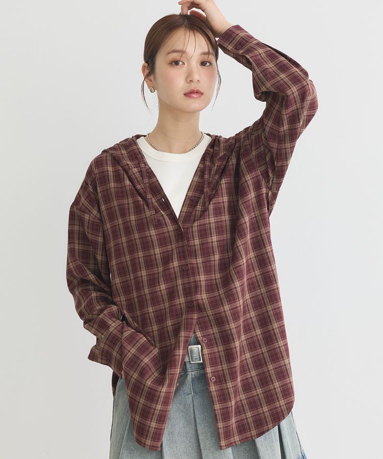 earth music&ecology「フーディーチェックシャツ」|シャツ・ブラウス|Bordeaux