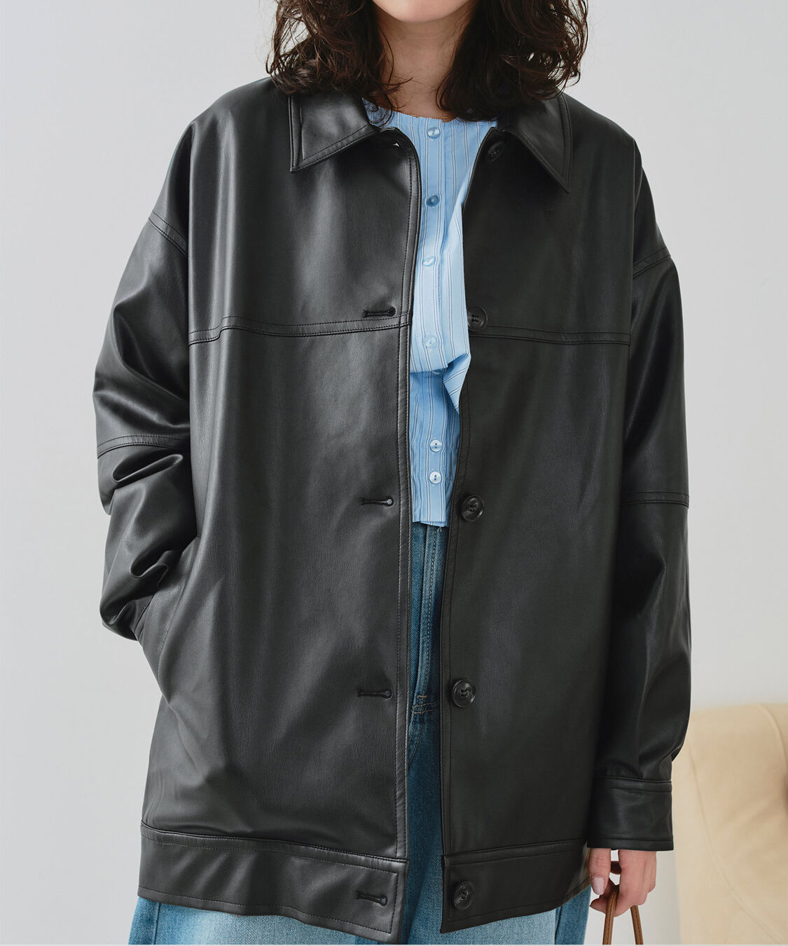 titivate「襟付フェイクレザージャケット」|その他|ブラック