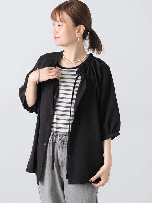 Lugnoncure「【接触冷感】麻調フリル衿ブラウス」|シャツ・ブラウス|ブラック