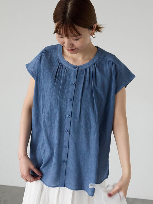 Lugnoncure「楊柳フレンチスリーブブラウス」|シャツ・ブラウス|ブルー