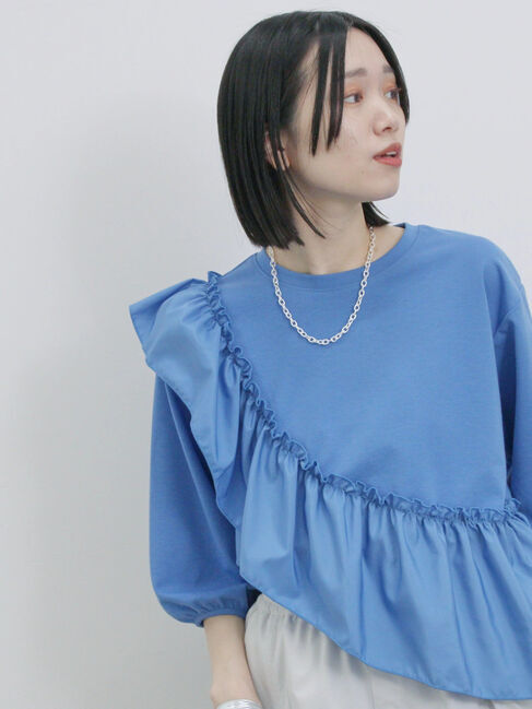 Samansa Mos2 blue「7分袖ドッキングフリルプルオーバー」|Tシャツ・カットソー|