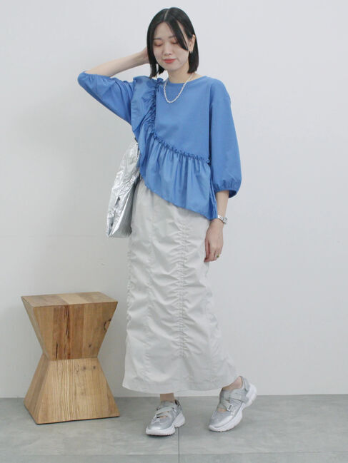 Samansa Mos2 blue「7分袖ドッキングフリルプルオーバー」|Tシャツ・カットソー|