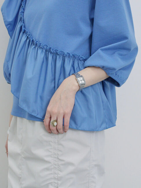 Samansa Mos2 blue「7分袖ドッキングフリルプルオーバー」|Tシャツ・カットソー|