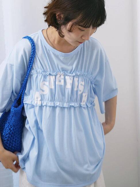 Samansa Mos2 blue「◎【接触冷感】シャーリングドッキングTシャツ」|Tシャツ・カットソー|