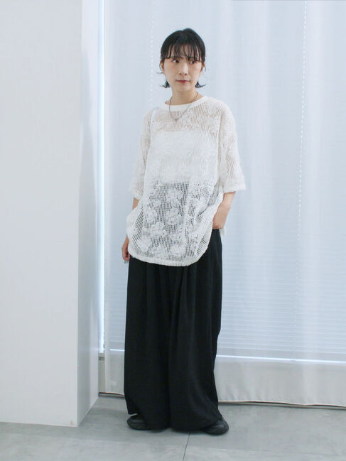 Samansa Mos2 blue「チュールフラワーコードTシャツ」|Tシャツ・カットソー|