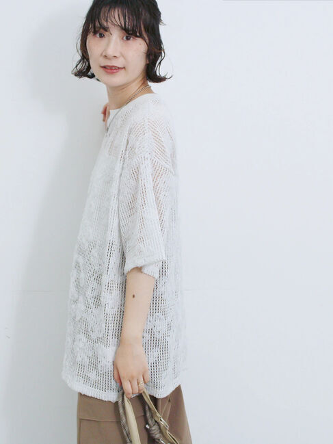 Samansa Mos2 blue「チュールフラワーコードTシャツ」|Tシャツ・カットソー|