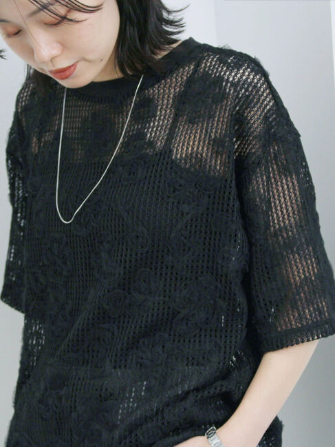 Samansa Mos2 blue「チュールフラワーコードTシャツ」|Tシャツ・カットソー|