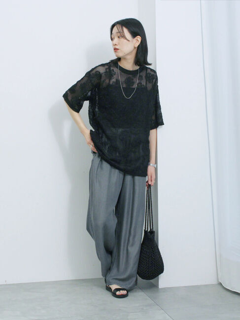 Samansa Mos2 blue「チュールフラワーコードTシャツ」|Tシャツ・カットソー|