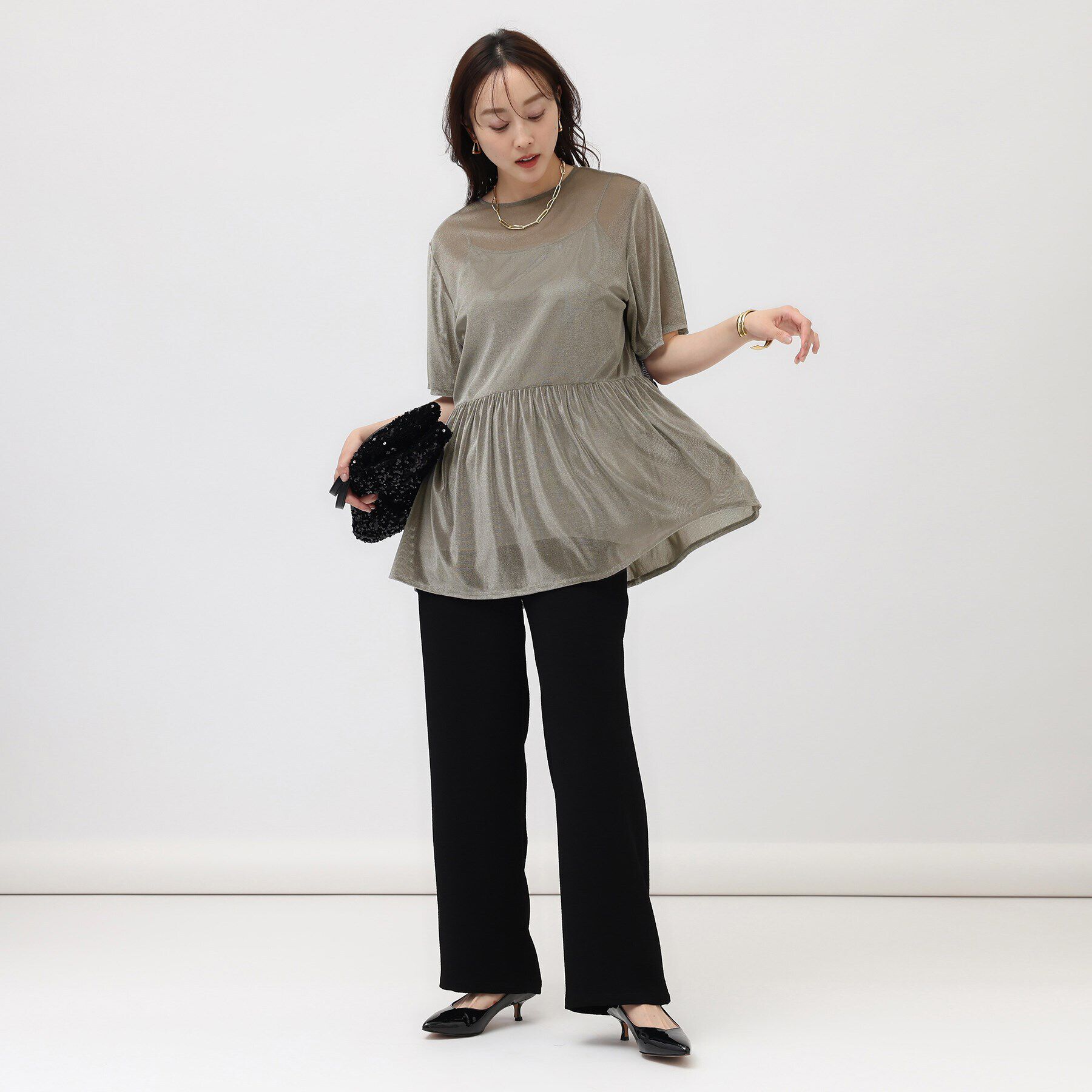 UNTITLED「【透け感/キャミ付】シアーベロア ペプラムブラウス」|シャツ・ブラウス|