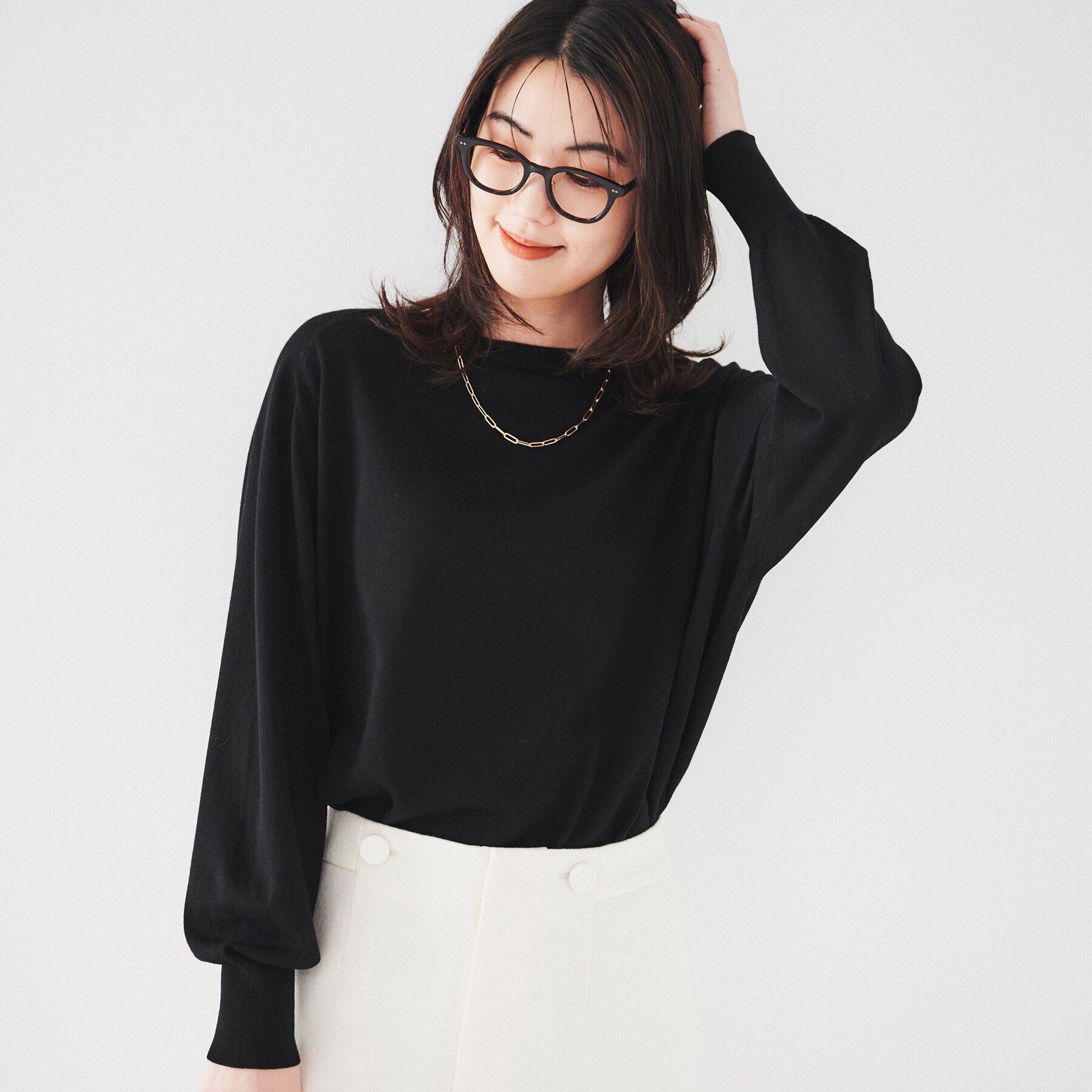 UNTITLED「【体型カバー】ウール ロング丈プルオーバーニット」|ニット・セーター|ブラック(019)