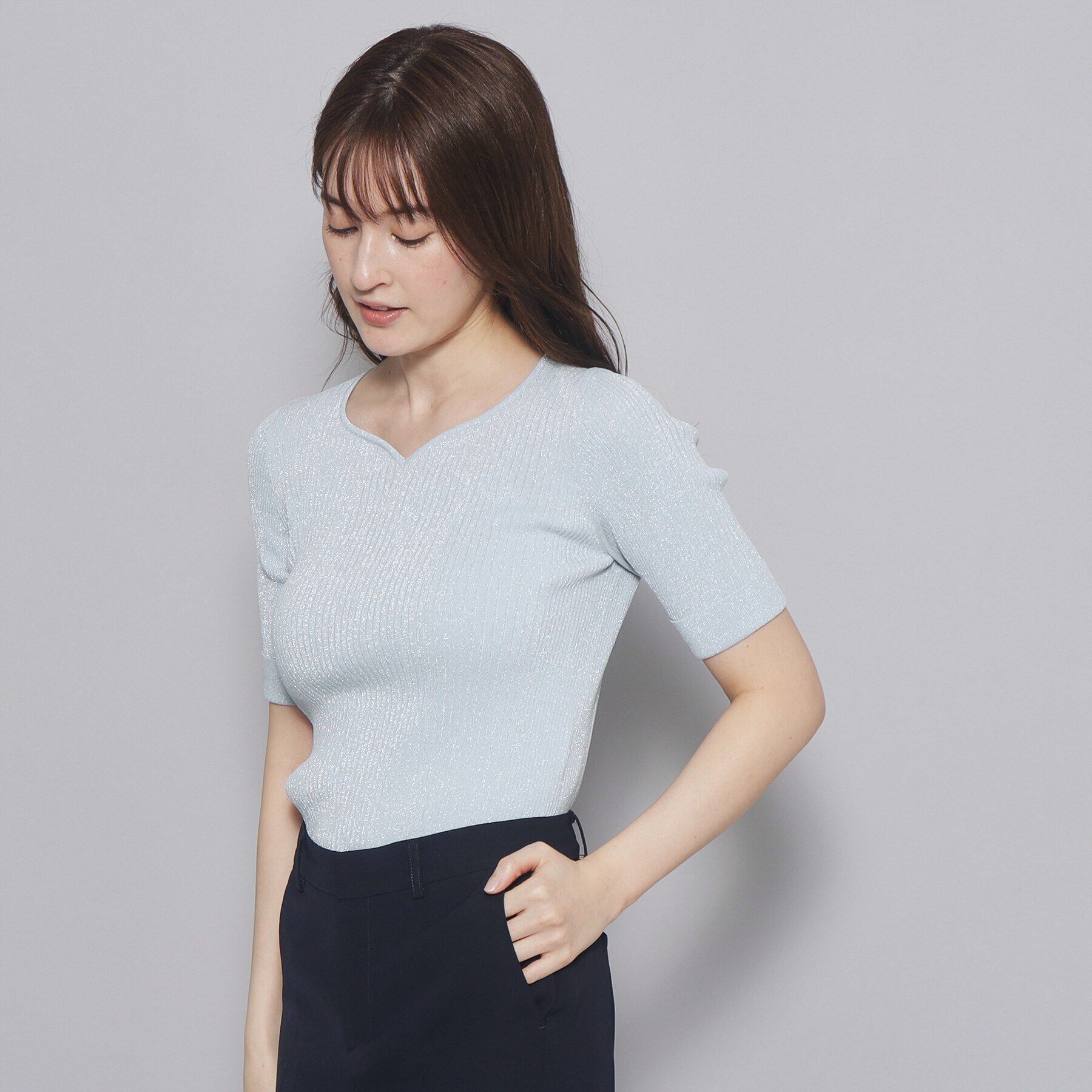COUP DE CHANCE「【洗える／日本製／ハートネック】5分袖ラメ入りニットトップス」|ニット・セーター|