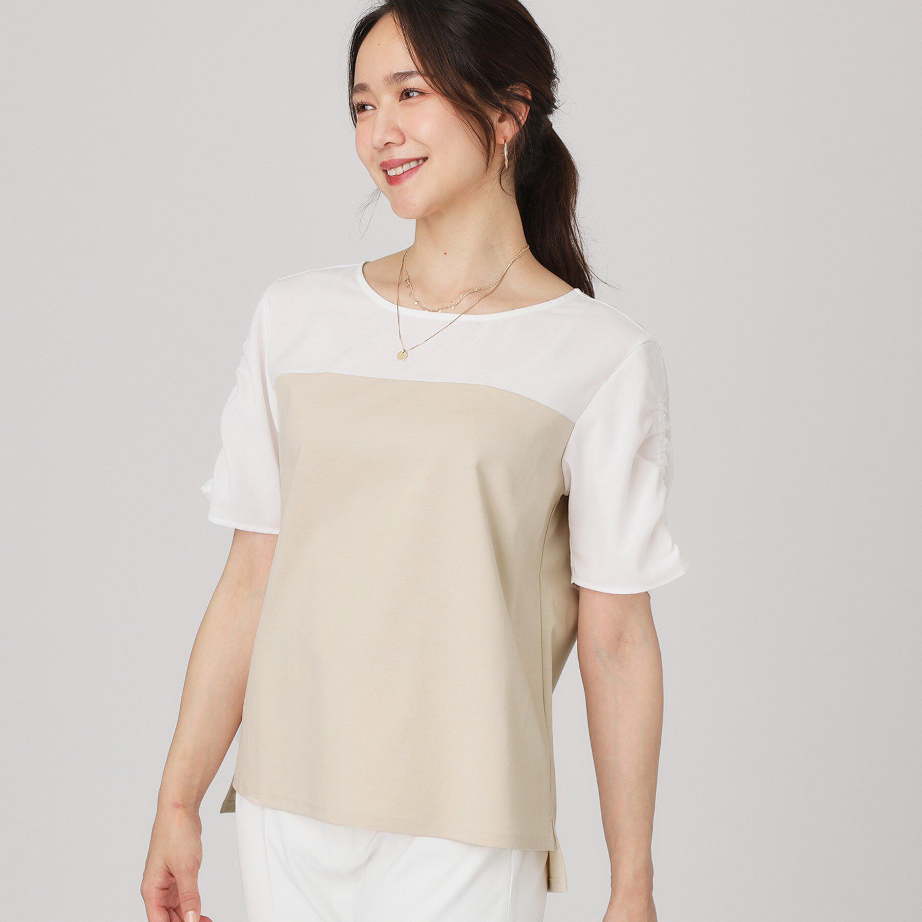 COUP DE CHANCE「【手洗い可／日本製】異素材組合せのジャージトップス」|Tシャツ・カットソー|グレージュ(550)