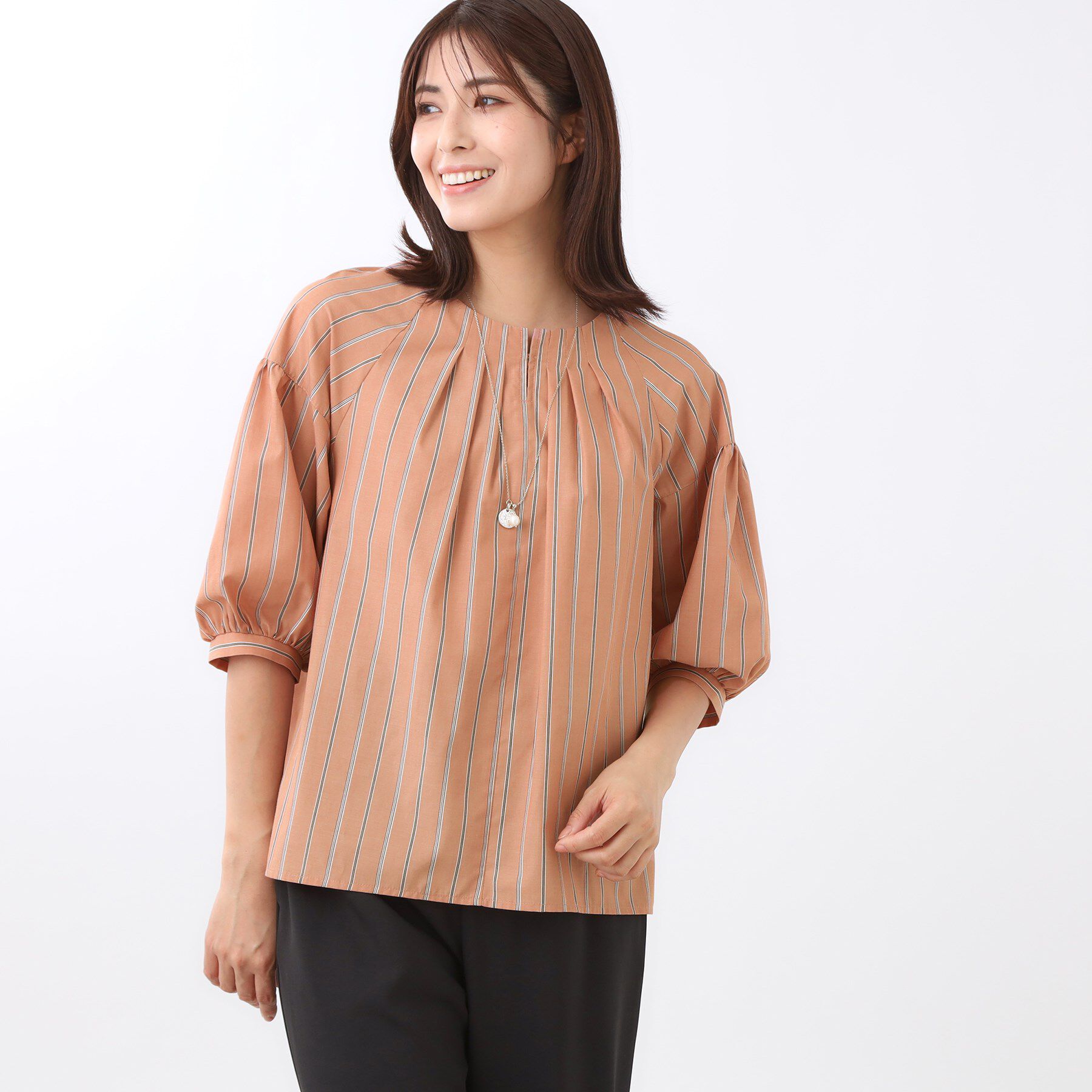 Reflect「【E‐QUALITY／体型カバー／ゆったり着られる◎】ストライプ&times;パフスリーブのブラウス」|シャツ・ブラウス|