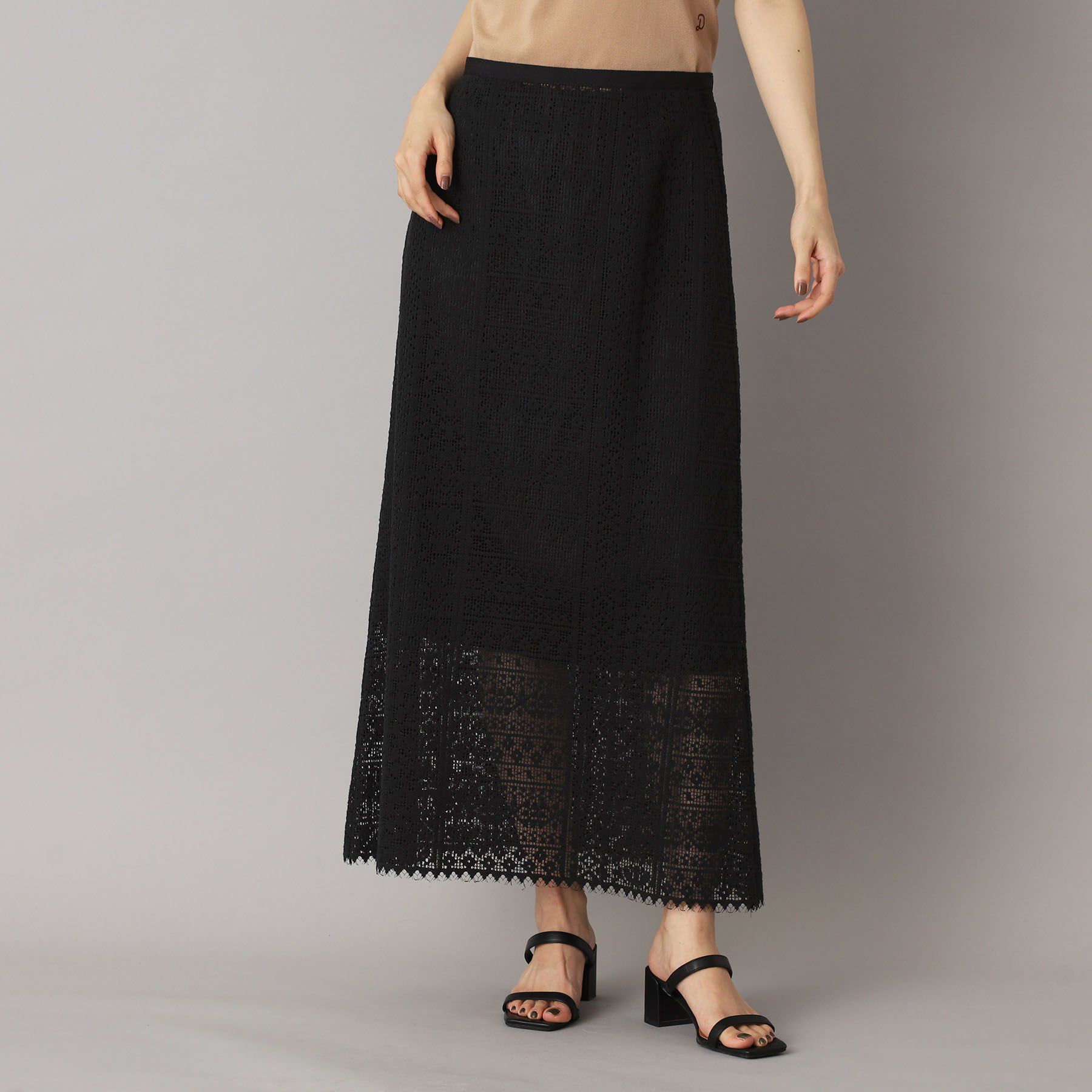 DRESSTERIOR「【後ろウエストゴム】オーガニックコットンブレンドレーススカート」|スカート|ブラック(019)