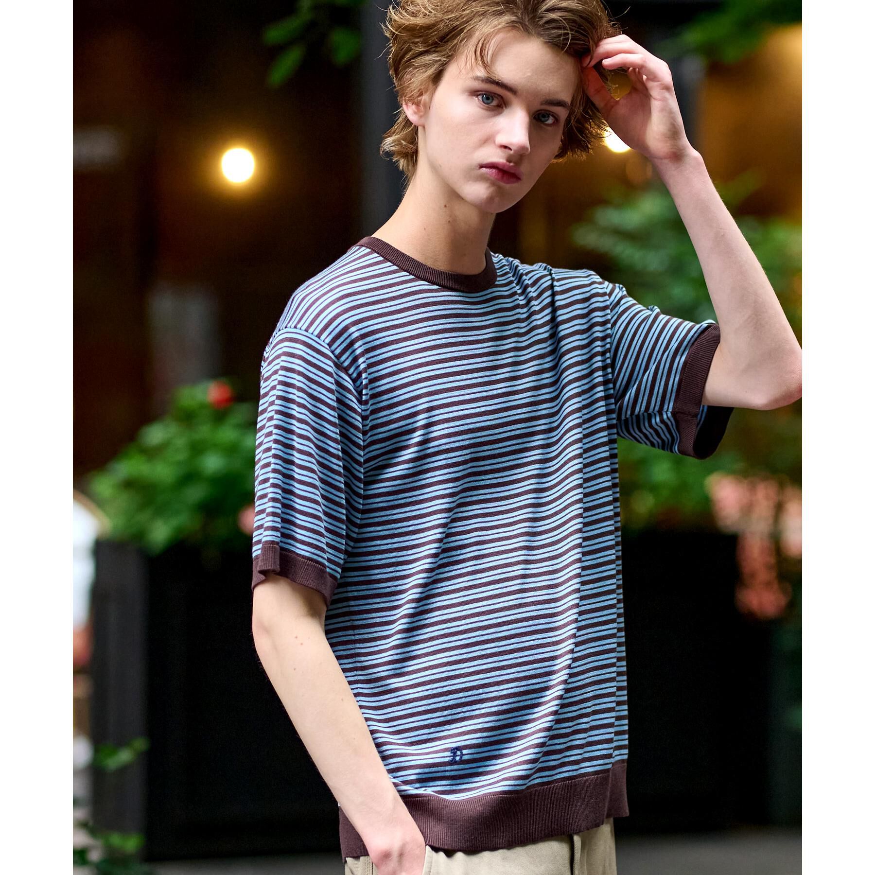 DRESSTERIOR「シルク混ボーダーハーフスリーブニットT」|ニット・セーター|