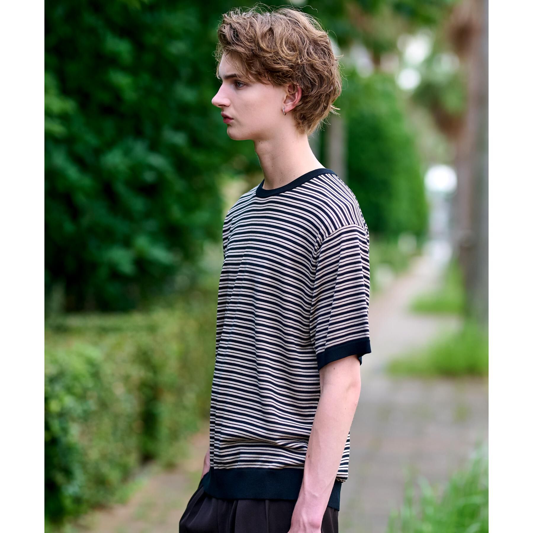 DRESSTERIOR「シルク混ボーダーハーフスリーブニットT」|ニット・セーター|