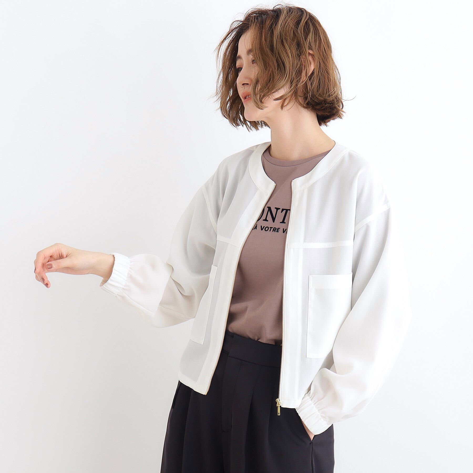 grove「【追加】麻調ノーカラーシアーブルゾン」|ブルゾン・スタジャン|オフホワイト(003