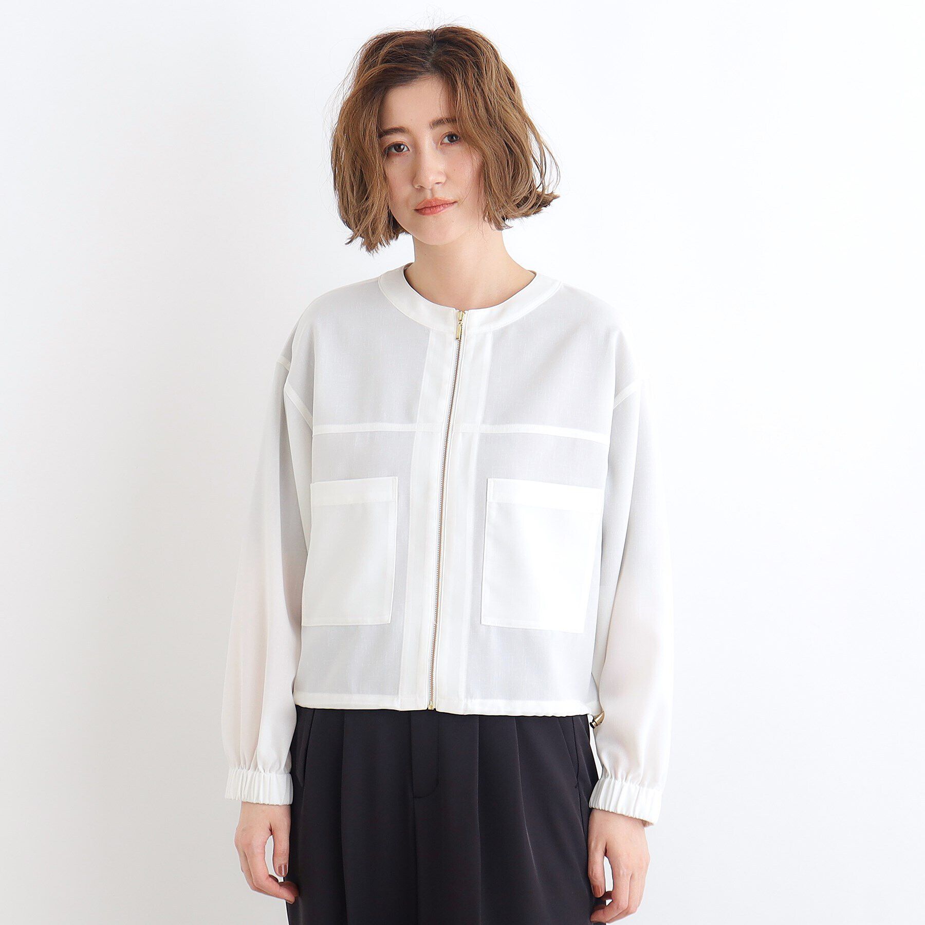 grove「【追加】麻調ノーカラーシアーブルゾン」|ブルゾン・スタジャン|