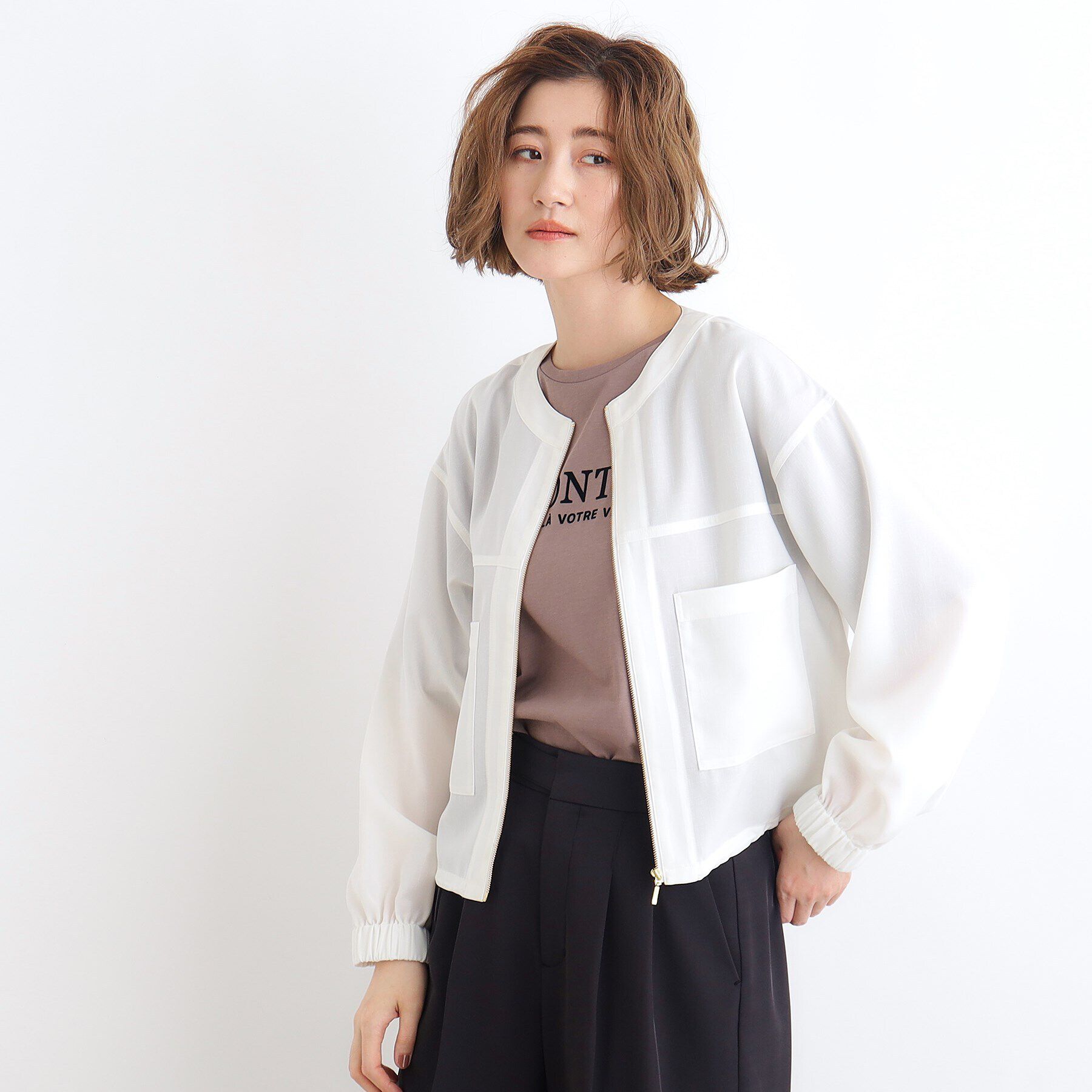 grove「【追加】麻調ノーカラーシアーブルゾン」|ブルゾン・スタジャン|