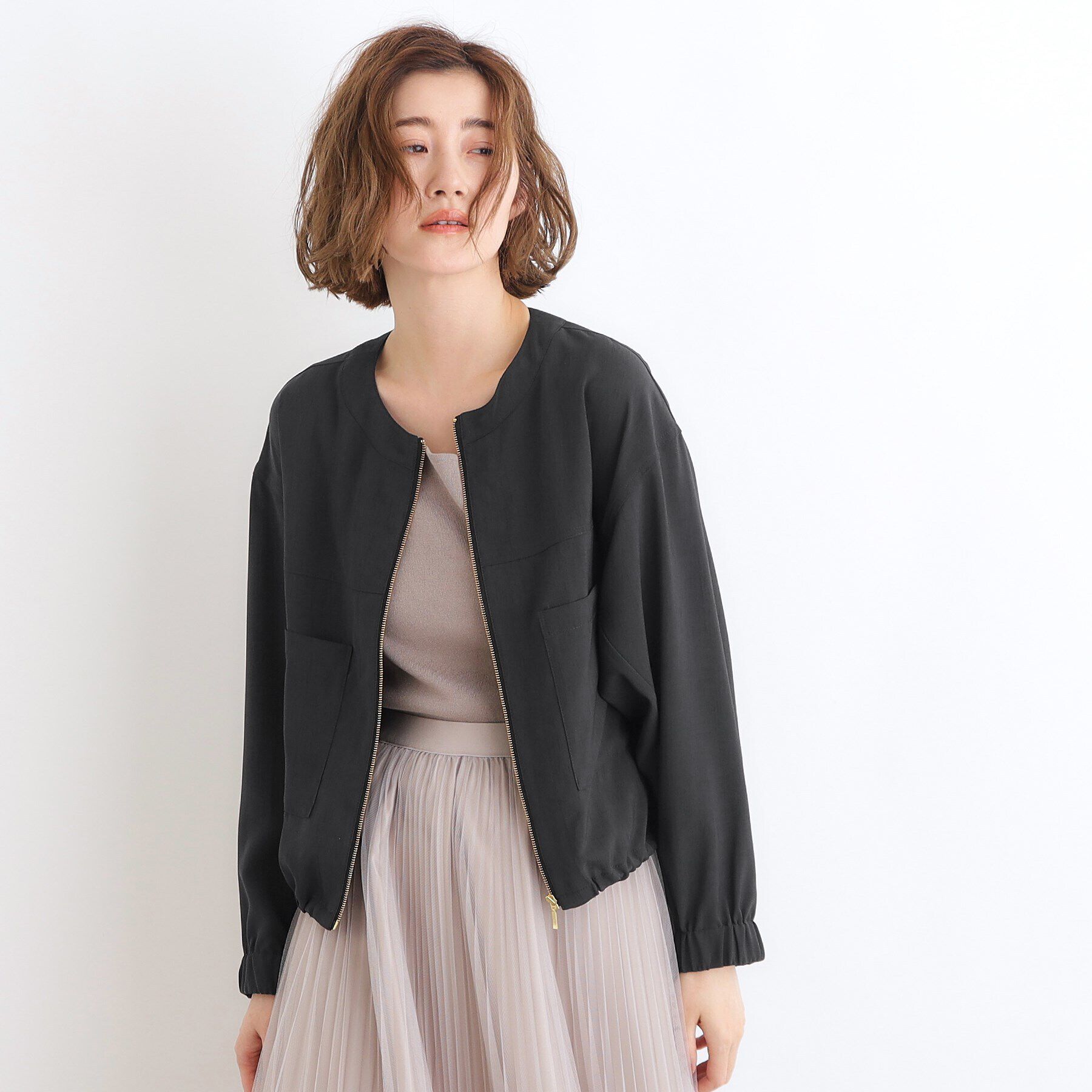 grove「【追加】麻調ノーカラーシアーブルゾン」|ブルゾン・スタジャン|