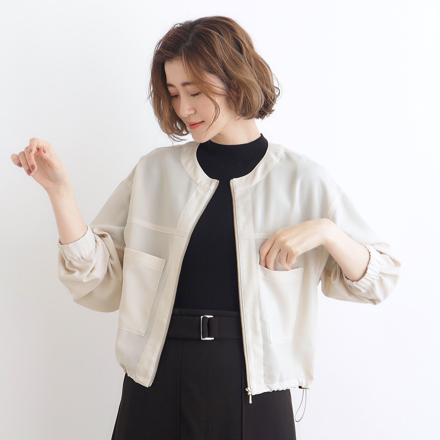 grove「【追加】麻調ノーカラーシアーブルゾン」|ブルゾン・スタジャン|