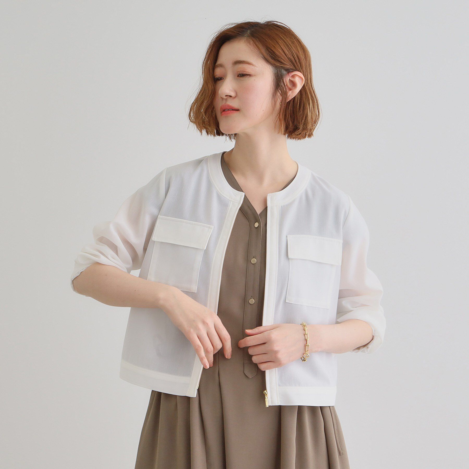 grove「麻調ノーカラーシアーブルゾン」|ブルゾン・スタジャン|オフホワイト(003